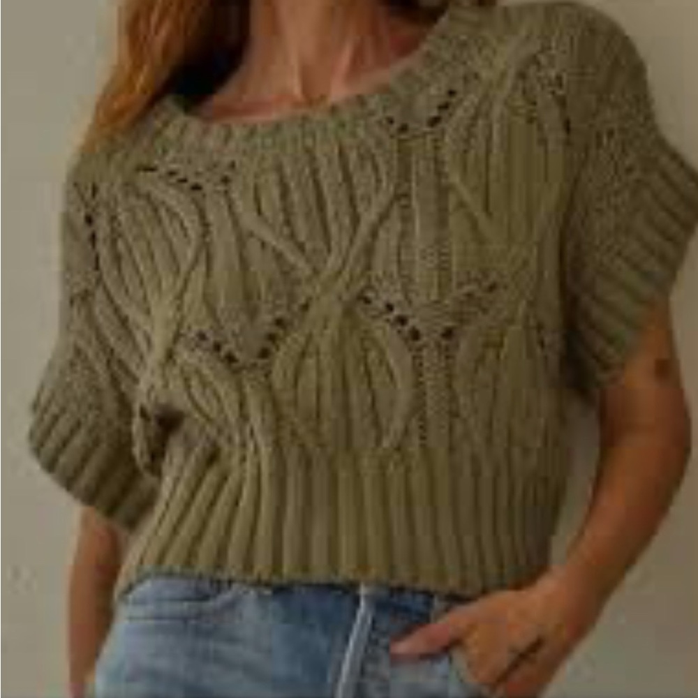Anthropologie Green Crew Neck Sweater with Intricate Knit